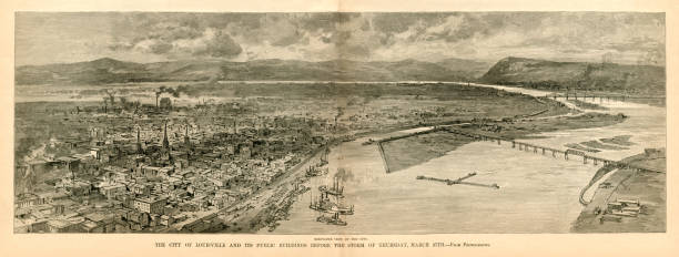город луисвилл, штат кентукки, до великого шторма 1890 года - 19th century style urban scene horizontal sepia toned stock illustrations