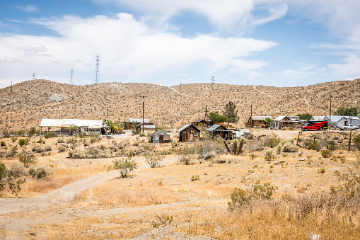 A rural cityscape of the California ghost town of Randsburg, a former gold mining town in the Sierra Nevada foothills.