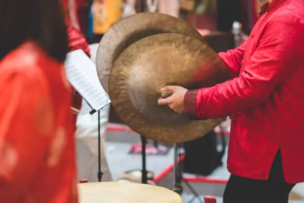 Image of Musician playing Cymbals traditional Chinese instrument.