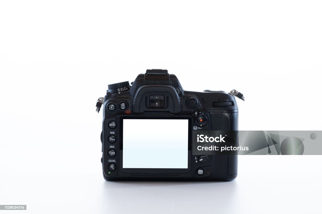 DSLR camera with live view monitor An isolated DSLR camera with live view monitor turned on Digital Single-Lens Reflex Camera Stock Photo