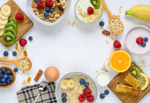 istock Healthy breakfast concept on white wooden table. 1128039962