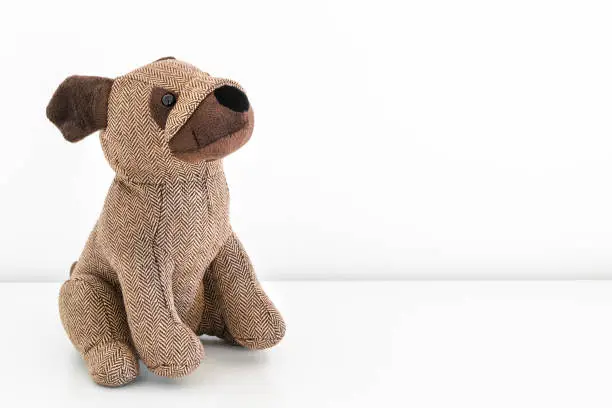The stuffed toy of a dog on a table and a white background
