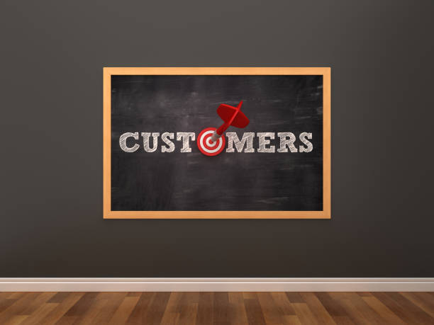 istock Chalkboard with CUSTOMERS word with Target and Dart in Room - 3D Rendering 1128042696