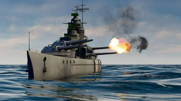 3d illustration of a battleship firing with heavy caliber guns
