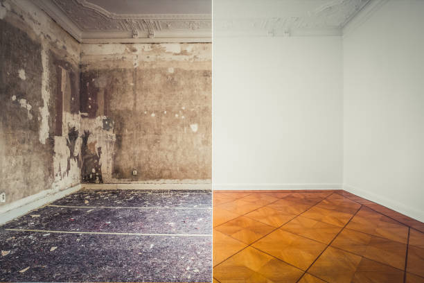 istock flat renovation concept, empty room before and after refurbishment or restoration , primed and painted wall background - 1128044331