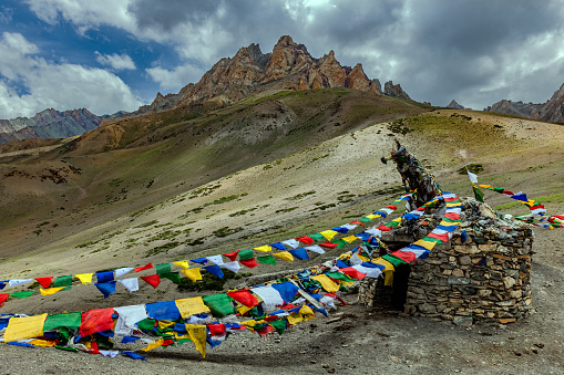 Prayer flags on mountain pass Fotu La Pass,Jammu and Kashmir, Ladakh Region, Tibet,India,Nikon D3x