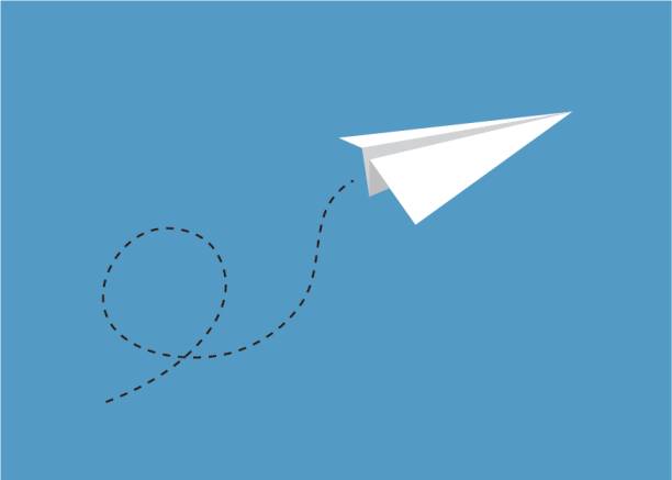 ilustraciones, imágenes clip art, dibujos animados e iconos de stock de avión de papel volando por el cielo azul - simplicity paper airplane airplane journey