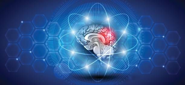 Human brain treatment concept Human brain treatment concept. Abstract blue scientific background with transparent cells hematoma images stock illustrations