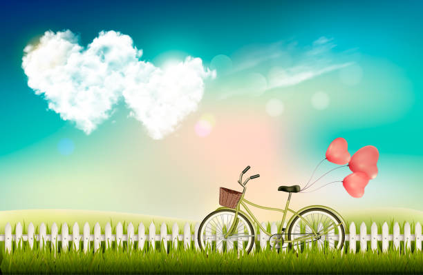 illustrazioni stock, clip art, cartoni animati e icone di tendenza di sfondo di san valentino con nuvole a forma di cuore e bicicletta. vettore. - love transportation cloud cloudscape