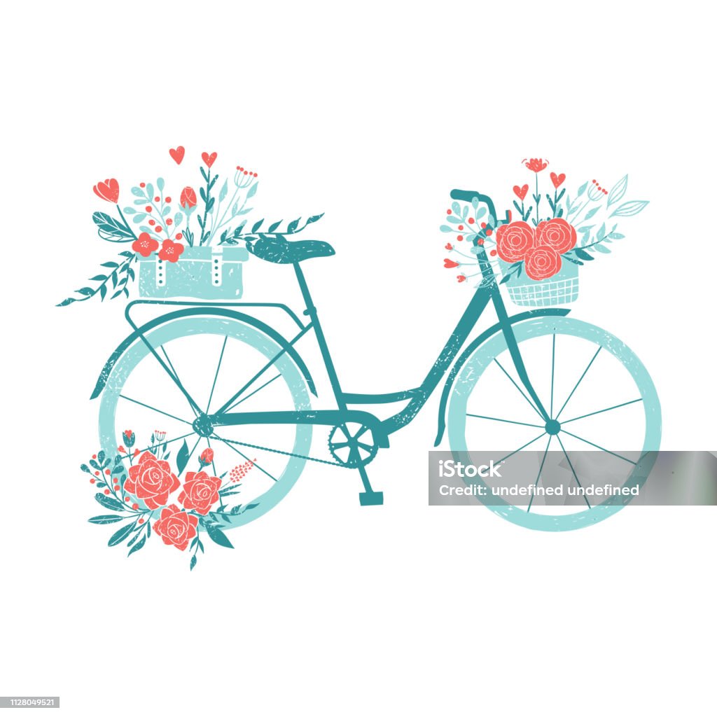 Hand drawn bicycle, romantic bike with flowers, retro bike for breakfast with bouquets Hand drawn bicycle, romantic bike with flowers, retro bike for breakfast with bouquets. Bicycle stock vector