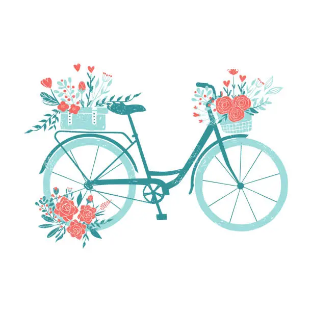 Vector illustration of Hand drawn bicycle, romantic bike with flowers, retro bike for breakfast with bouquets