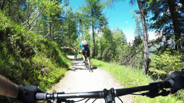 istock Riding a fast single trail in the forest 1128050746