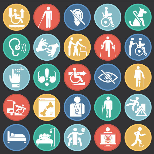 Disability icons set on color circles black background for graphic and web design, Modern simple vector sign. Internet concept. Trendy symbol for website design web button or mobile app. Disability icons set on color circles black background for graphic and web design, Modern simple vector sign. Internet concept. Trendy symbol for website design web button or mobile app animal brain stock illustrations
