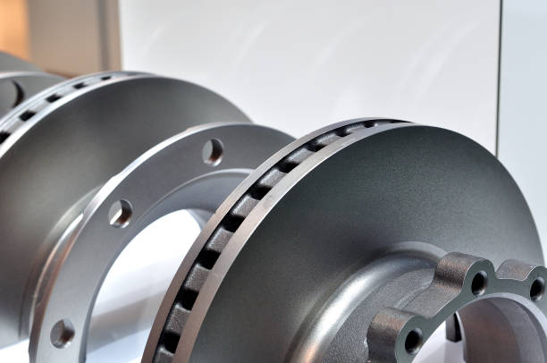istock Exhibition of new silver painted car brakes with selective focus. 1128051703