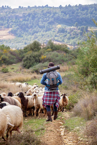 istock Man Traveler with backpack mountaineering 1128053094