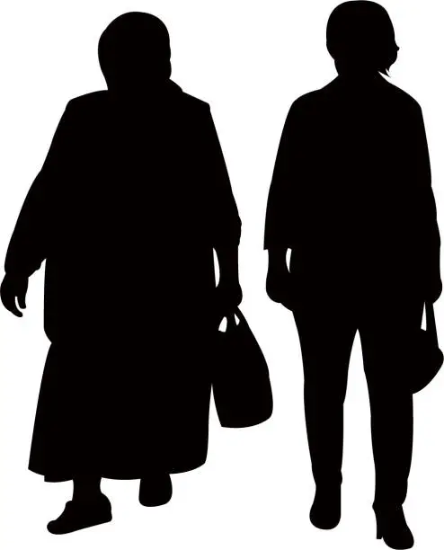 Vector illustration of two women walking, silhouette vector