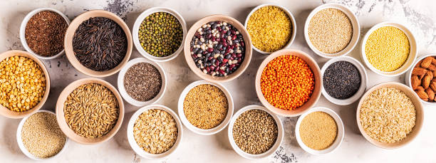 set of different superfoods- whole grains, beans and legumes, seeds and nuts - quinoa sesame chia flax seed imagens e fotografias de stock