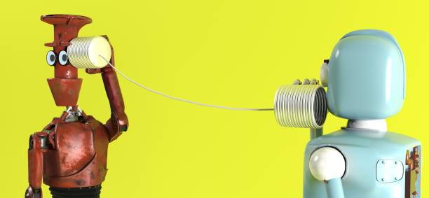 istock Retro two robots with tin can phones. 3d render 1128056458