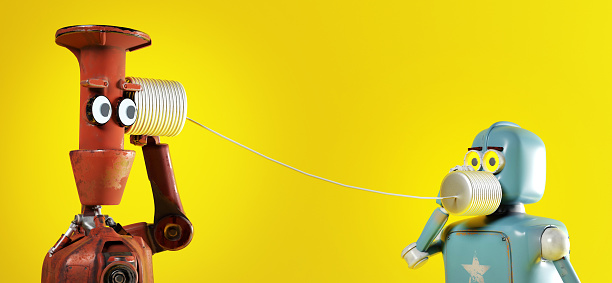The retro two robots with tin can phones. 3d render
