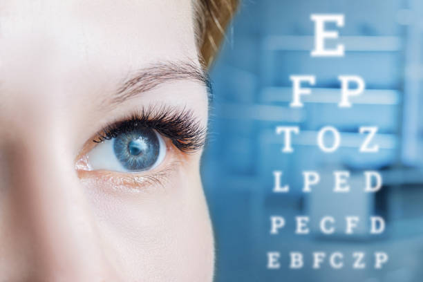 istock Closeup of a female eye and a sight test table. 1128058483