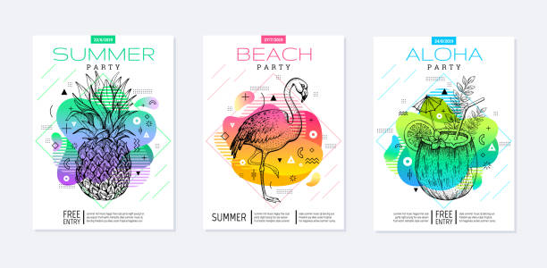 Rainbow geometric style. Disco light fluid art. colourful prism summer poster set. Amoeba trendy background. Realistic tropic pineapple, flamingo, coconut drink for t-shirt print, music banner on white Rainbow geometric style. Disco light fluid art. colourful prism summer poster set. Amoeba trendy background. Realistic tropic pineapple, flamingo, coconut drink for t-shirt print, music banner on white cocktail patterns stock illustrations