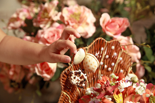 gentle touch of a child's hand. Flowers. Seashells. Decor. Closeup