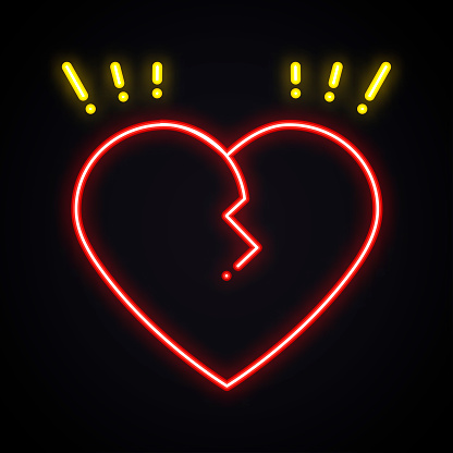 Neon broken heart sign. Light divorce symbol. Heartbreak, treachery, breakup bright theme
