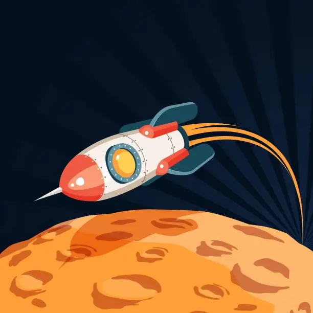 Vector illustration of Space rocket flies over the surface of the planet like a moon