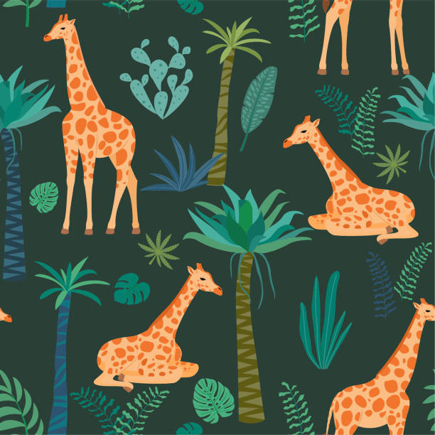 wzór żyrafy z tropikalnymi liśćmi. wektorowa bezszwowa tekstura. - giraffe pattern africa animal stock illustrations