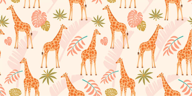 ilustrações de stock, clip art, desenhos animados e ícones de giraffe pattern with tropical leaves. vector seamless texture. - giraffe pattern africa animal
