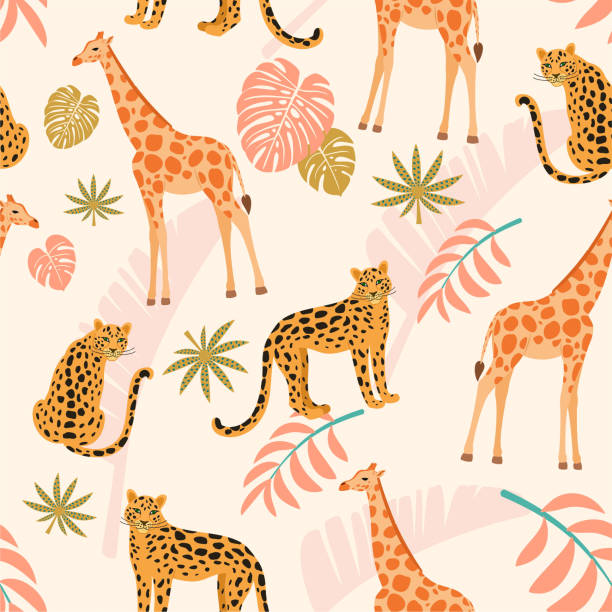 żyrafa i lampart wzór z tropikalnymi liśćmi. wektorowa bezszwowa tekstura. - giraffe pattern africa animal stock illustrations