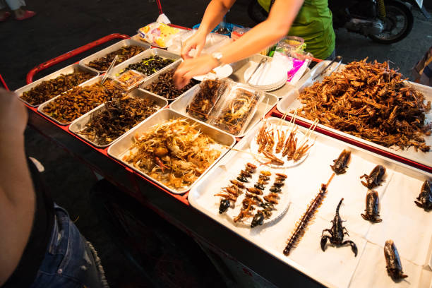 Bangkok Street Food A selection of insects for sale to be eaten on Khao San Road in Bangkok, Thailand khao san road stock pictures, royalty-free photos & images