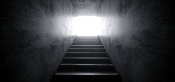 istock Modern Elegant Dark Empty Grunge Reflective Concrete Tunnel With Stars With White Glowing End Light Bloom 3D Rendering 1128070624