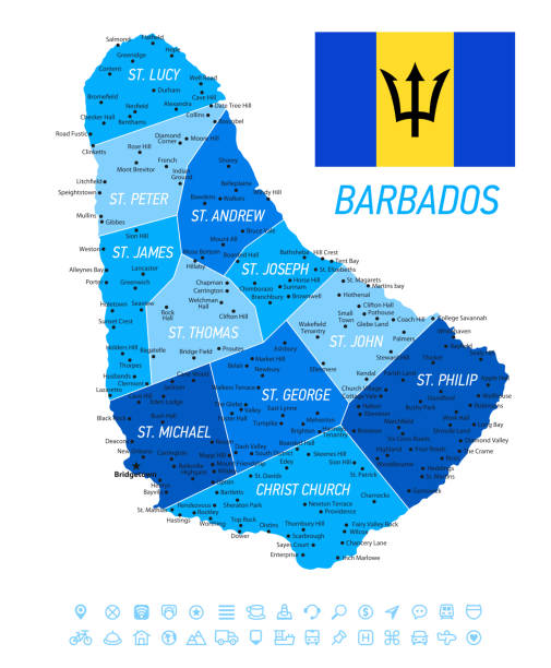 Barbados Map with National Flag. Blue vector illustration with icon set Barbados Map with National Flag and Geographical Borders barbados map stock illustrations