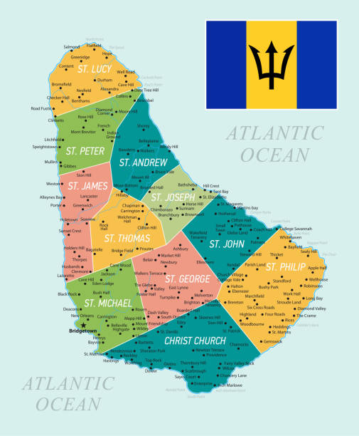 Vintage Map of Barbados. Vector Illustration Barbados Map with National Flag and Geographical Borders barbados map stock illustrations
