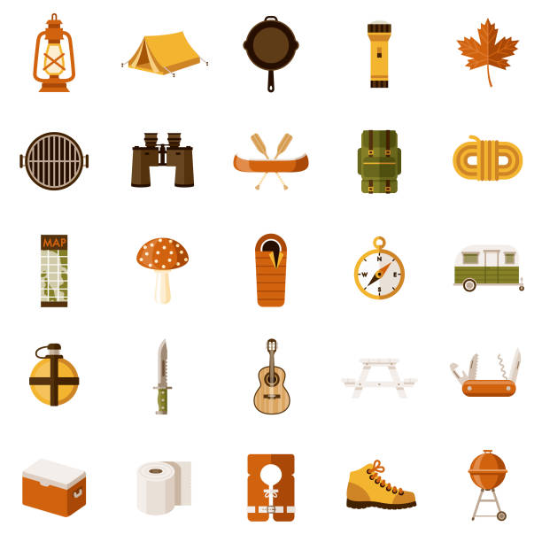 Camping Icon Set A set of icons. File is built in the CMYK color space for optimal printing. Color swatches are global so it’s easy to edit and change the colors. adventure clipart stock illustrations