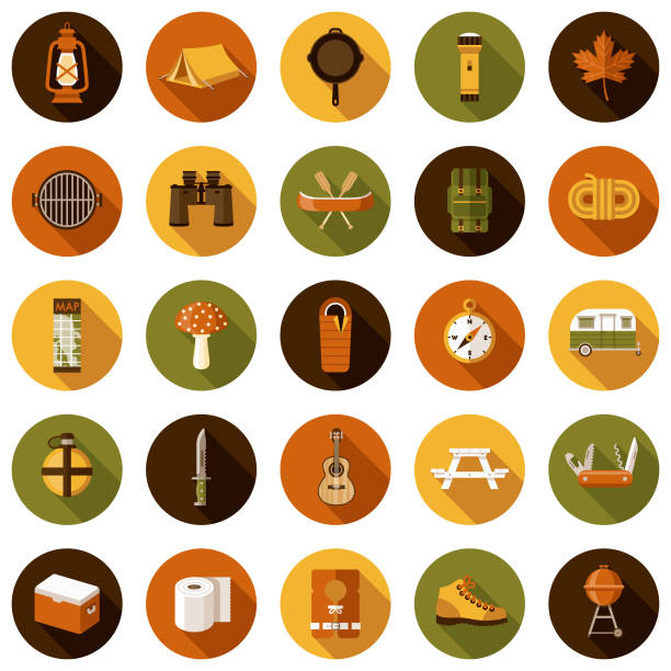 ilustrações de stock, clip art, desenhos animados e ícones de camping icon set - compass hiking map hiking boot