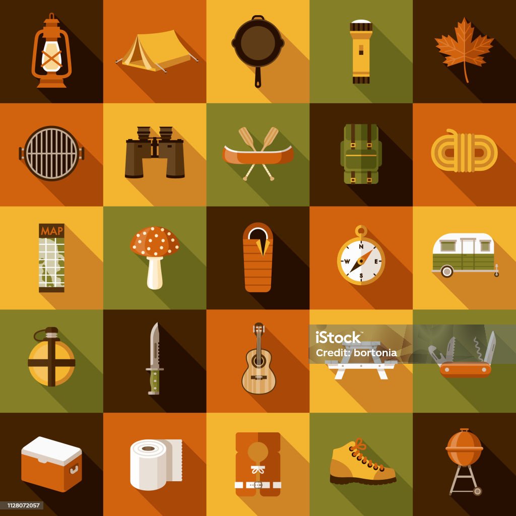 Camping Icon Set A set of icons. File is built in the CMYK color space for optimal printing. Color swatches are global so it’s easy to edit and change the colors. Icon Symbol stock vector