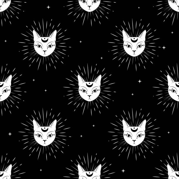 Cat face with moon on night sky seamless pattern background. Cute magic, occult design. Cat face with moon on night sky seamless pattern background. Cute magic, occult design. Vector illustration. cat witch stock illustrations