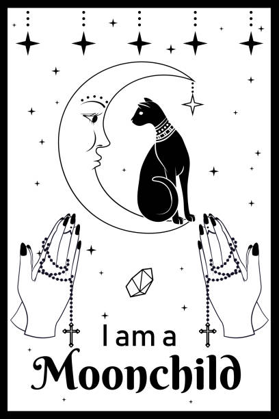 Black Cat on the Moon. Praying hands holding a rosary. I am a Moonchild text Black Cat on the Moon. Praying hands holding a rosary. I am a Moonchild text. Can use for t-shirt, textiles and print design. Vector illustration. dream believe tattoo stock illustrations