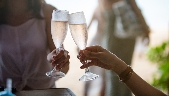 Close-up of women toasting with rose wine