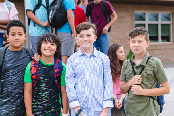 istock Portrait of elementary-age boys outside the school 1128073403