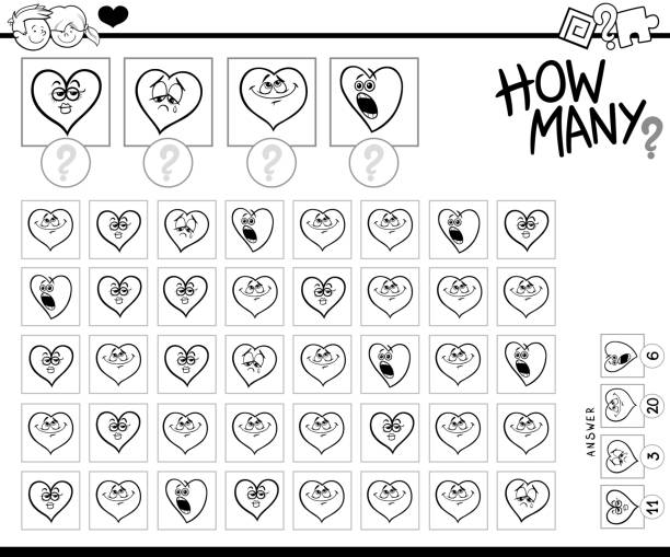 counting funny hearts educational task Black and White Illustration of Educational Counting Task for Children with Cartoon Hearts Valentine Characters Coloring Book negative numbers worksheet stock illustrations