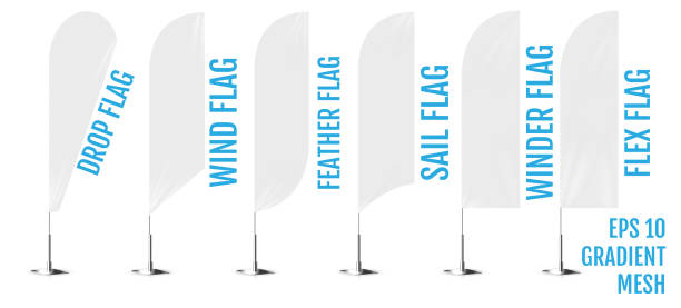 Realistic white banner flags 3d mockup. Textile waving advertisement banner flags. Realistic white banner flags 3d mockup. Textile waving advertisement banner flags. feather flag stock illustrations