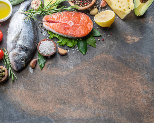 istock Raw dorado fish and salmon steak with spices and vegetables. 1128074492