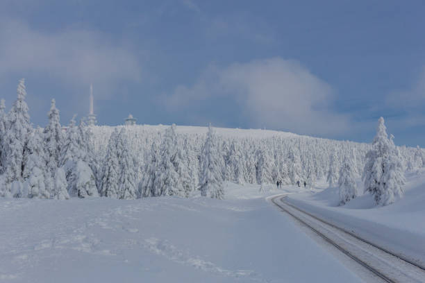 on the way in the winter landscape through the beautiful harz Winter Wonderland Harz Mountains licht stock pictures, royalty-free photos & images