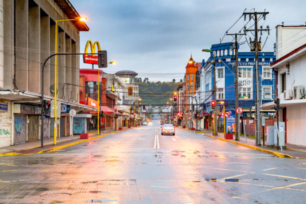 Puerto Montt, Chile - October 21, 2018: Guillermo Gallardo Street view at dusk in Puerto Montt port city, Chile.