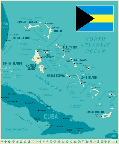 illustrazioni stock, clip art, cartoni animati e icone di tendenza di la mappa dettagliata delle bahamas. illustrazione vettoriale con set di icone - barbados flag illustrations