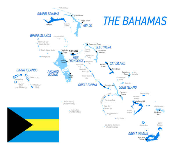 illustrations, cliparts, dessins animés et icônes de la carte des bahamas avec le drapeau national. illustration vectorielle - bahamian flag