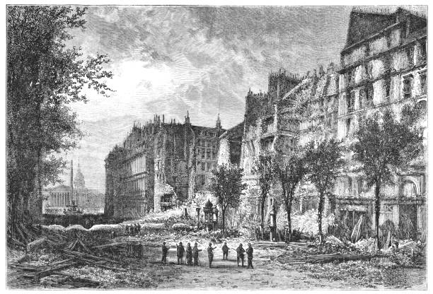 Damage on Rue Royale Street Left After the Siege of Paris - 19th Century Damage to buildings on Rue Royale in Paris, France from the Prussian military during the Siege of Paris in 1870-1871 during the Franco-Prussian War from Magasin Pittoresque. Vintage etching circa mid 19th century. 1870 stock illustrations